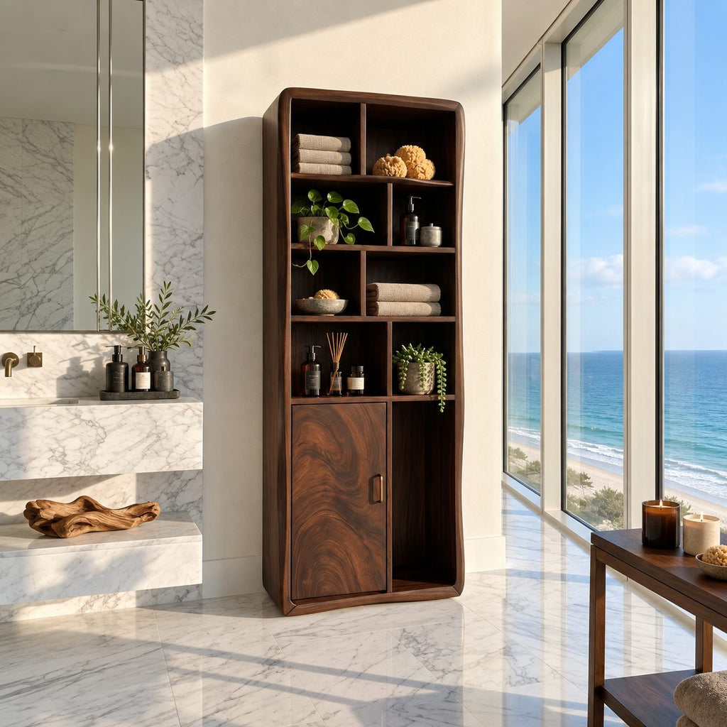 Cubby Grid Bathroom Linen Cabinet with Single Door, Tall Solid Wood Open Display Storage Unit