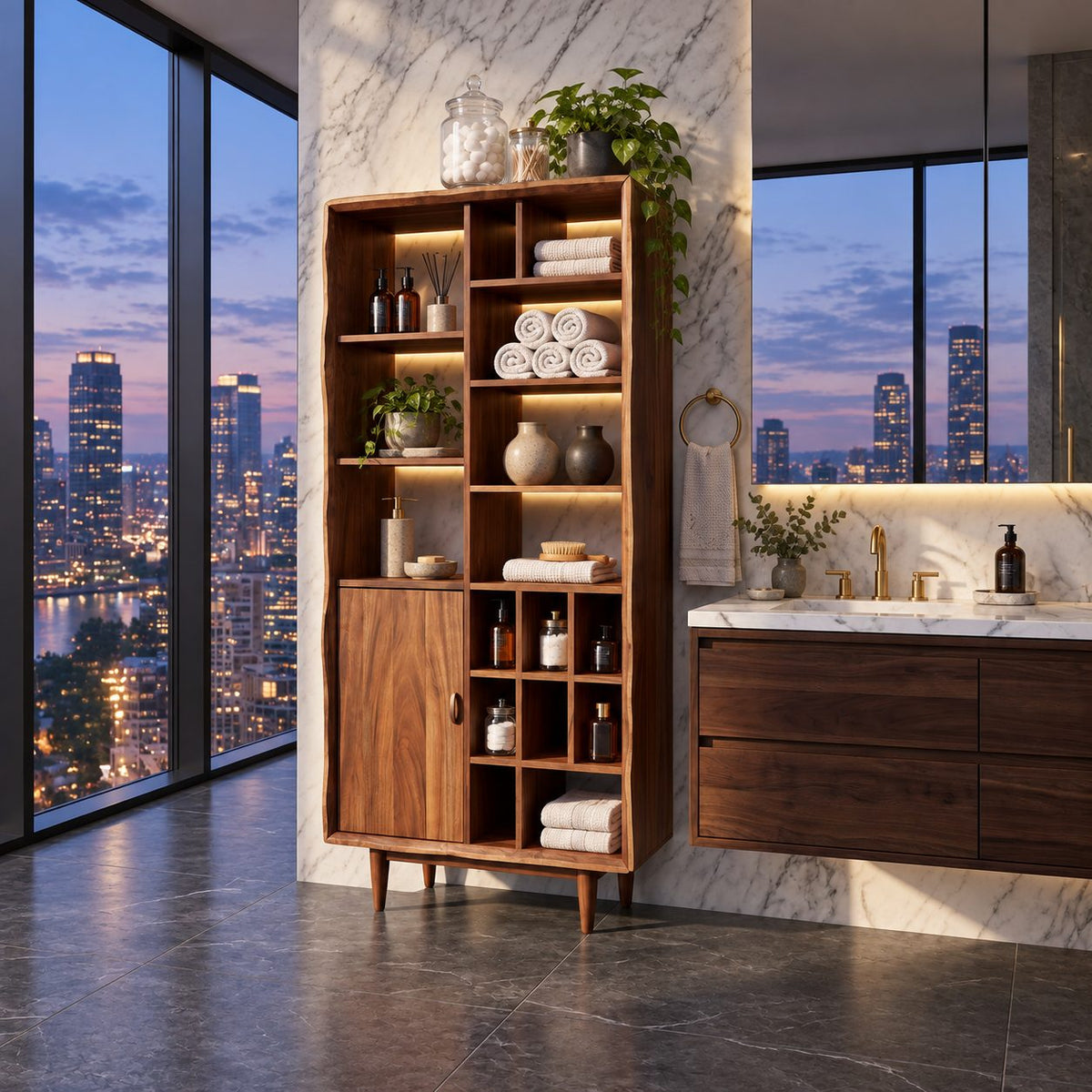 Mixed Cubby Wide Bathroom Storage Cabinet with Door and Tapered Legs, Solid Wood Display Unit