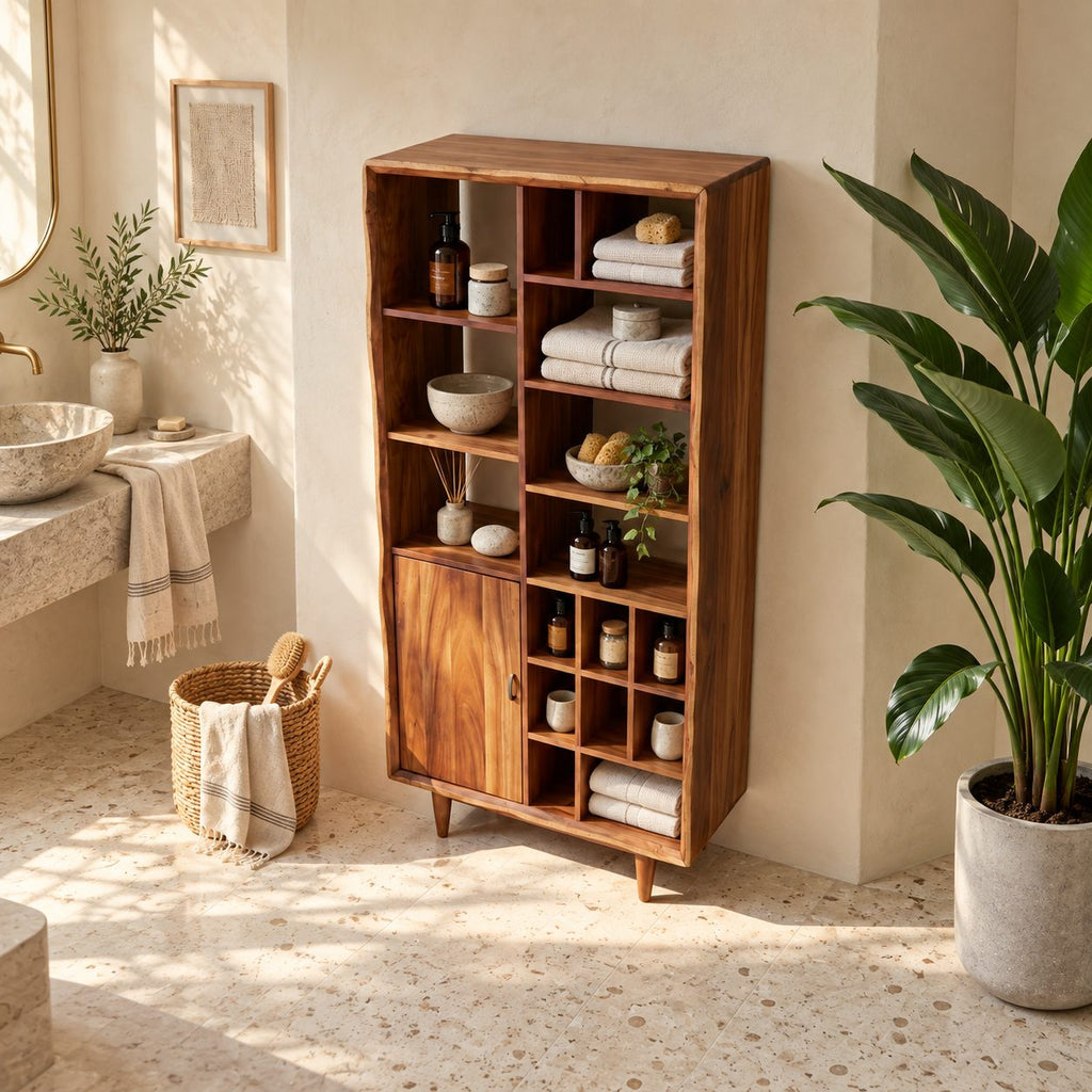 Mixed Cubby Wide Bathroom Storage Cabinet with Door and Tapered Legs, Solid Wood Display Unit