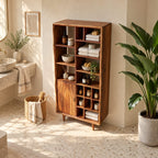 Mixed Cubby Wide Bathroom Storage Cabinet with Door and Tapered Legs, Solid Wood Display Unit