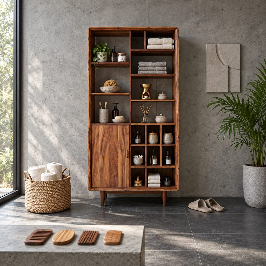 Mixed Cubby Wide Bathroom Storage Cabinet with Door and Tapered Legs, Solid Wood Display Unit