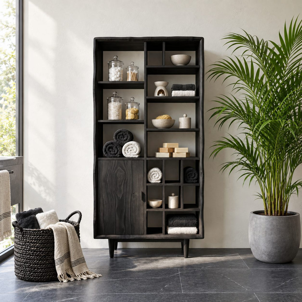 Mixed Cubby Wide Bathroom Storage Cabinet with Door and Tapered Legs, Solid Wood Display Unit