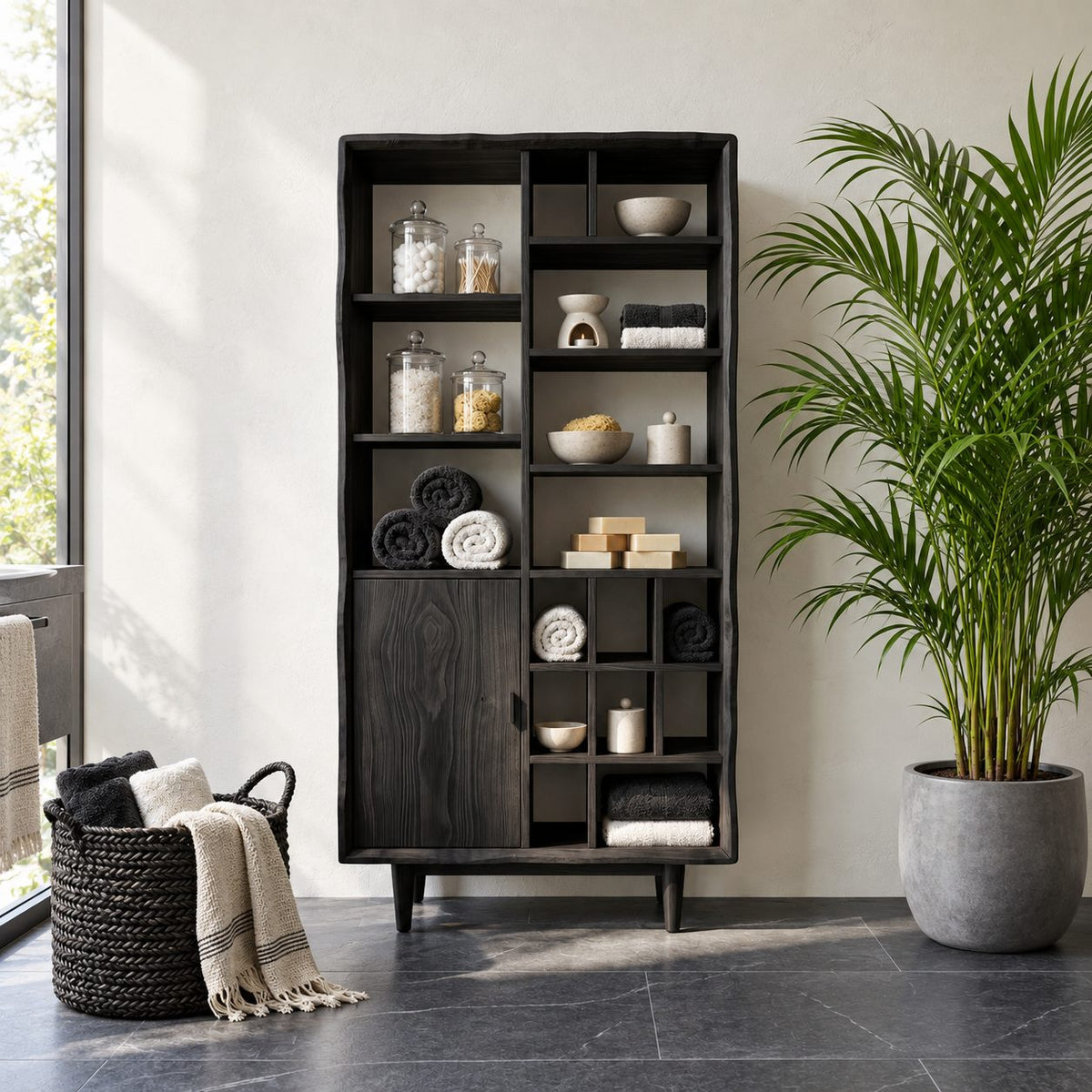 Mixed Cubby Wide Bathroom Storage Cabinet with Door and Tapered Legs, Solid Wood Display Unit