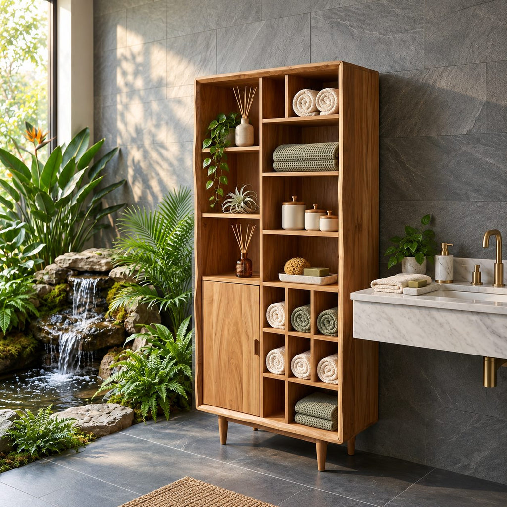 Mixed Cubby Wide Bathroom Storage Cabinet with Door and Tapered Legs, Solid Wood Display Unit