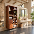 Mixed Cubby Wide Bathroom Storage Cabinet with Door and Tapered Legs, Solid Wood Display Unit