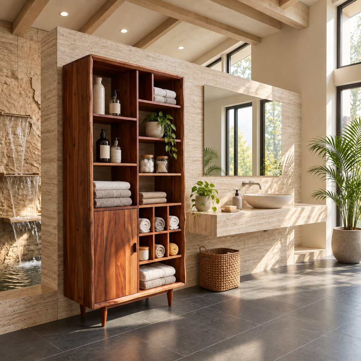 Mixed Cubby Wide Bathroom Storage Cabinet with Door and Tapered Legs, Solid Wood Display Unit