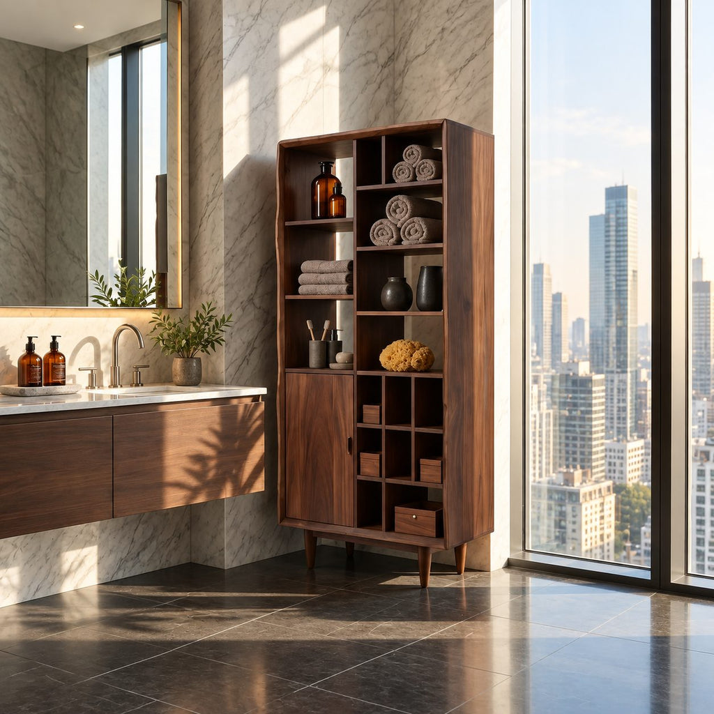 Mixed Cubby Wide Bathroom Storage Cabinet with Door and Tapered Legs, Solid Wood Display Unit