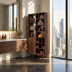 Mixed Cubby Wide Bathroom Storage Cabinet with Door and Tapered Legs, Solid Wood Display Unit