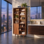 Mixed Cubby Wide Bathroom Storage Cabinet with Door and Tapered Legs, Solid Wood Display Unit