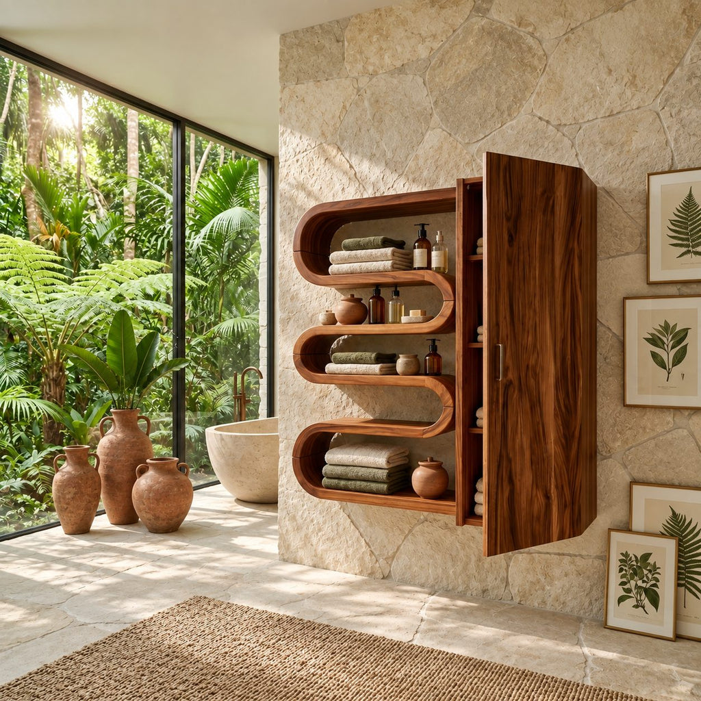 Ribbon Curve Bathroom Wall Cabinet with S-Shaped Open Shelves and Tall Door, Solid Wood 47-71 Inch