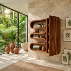 Ribbon Curve Bathroom Wall Cabinet with S-Shaped Open Shelves and Tall Door, Solid Wood 47-71 Inch
