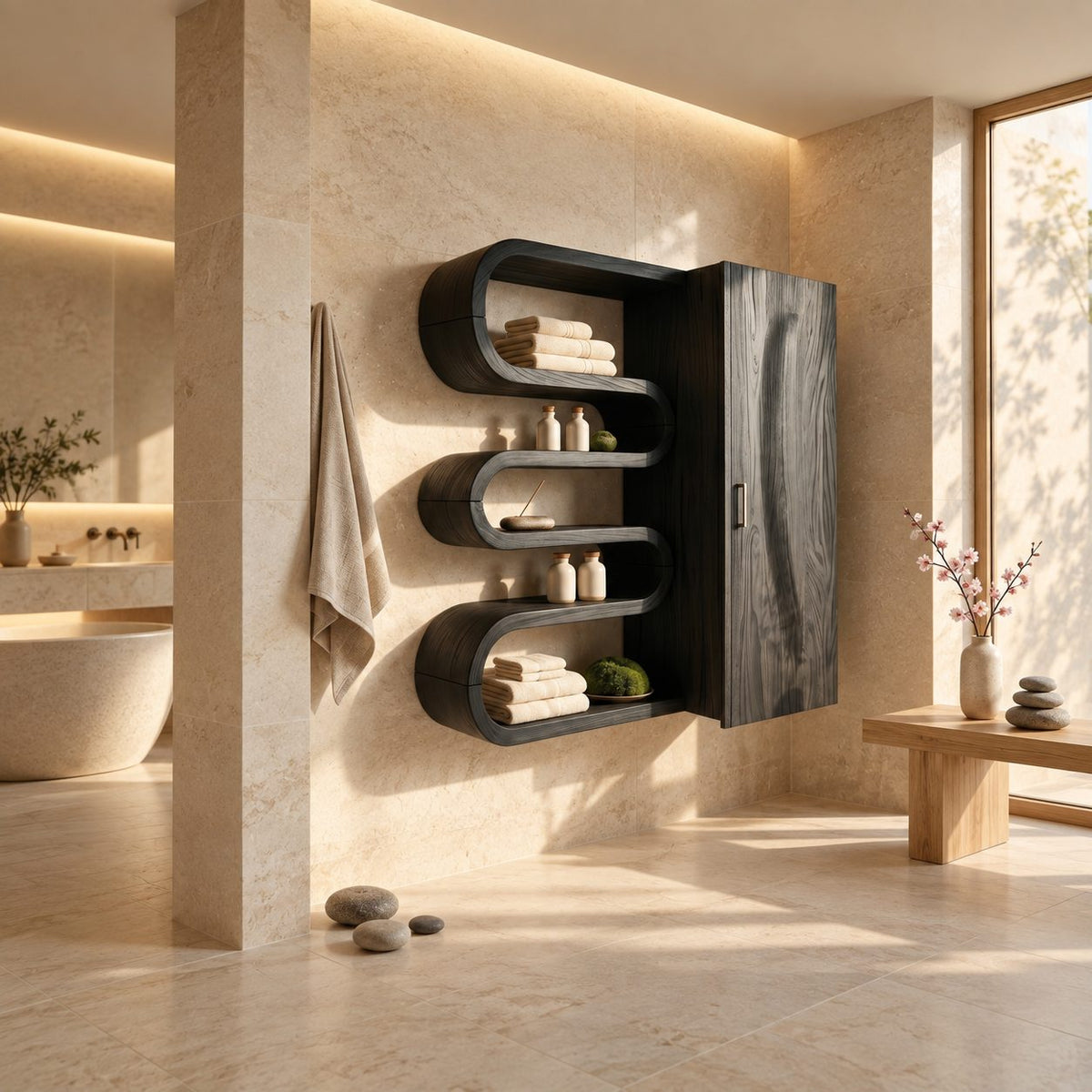 Ribbon Curve Bathroom Wall Cabinet with S-Shaped Open Shelves and Tall Door, Solid Wood 47-71 Inch
