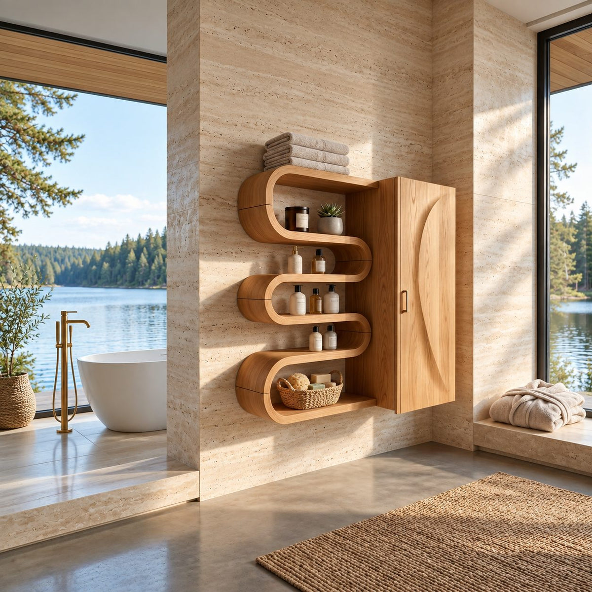 Ribbon Curve Bathroom Wall Cabinet with S-Shaped Open Shelves and Tall Door, Solid Wood 47-71 Inch