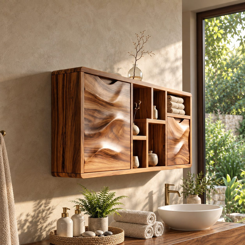 Sculpted Wave Door Bathroom Wall Cabinet with Offset Open Cubbies, Solid Wood Storage 40-71 Inch