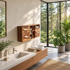 Sculpted Wave Door Bathroom Wall Cabinet with Offset Open Cubbies, Solid Wood Storage 40-71 Inch