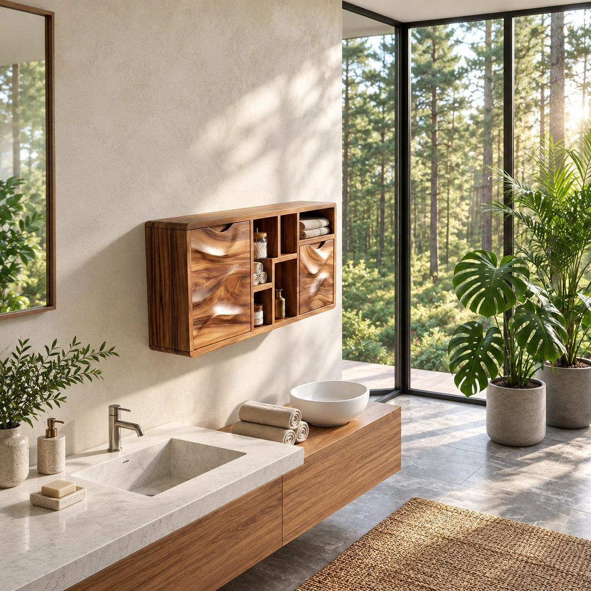 Sculpted Wave Door Bathroom Wall Cabinet with Offset Open Cubbies, Solid Wood Storage 40-71 Inch