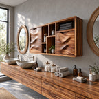 Sculpted Wave Door Bathroom Wall Cabinet with Offset Open Cubbies, Solid Wood Storage 40-71 Inch