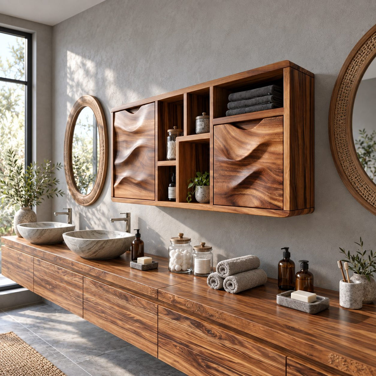 Sculpted Wave Door Bathroom Wall Cabinet with Offset Open Cubbies, Solid Wood Storage 40-71 Inch