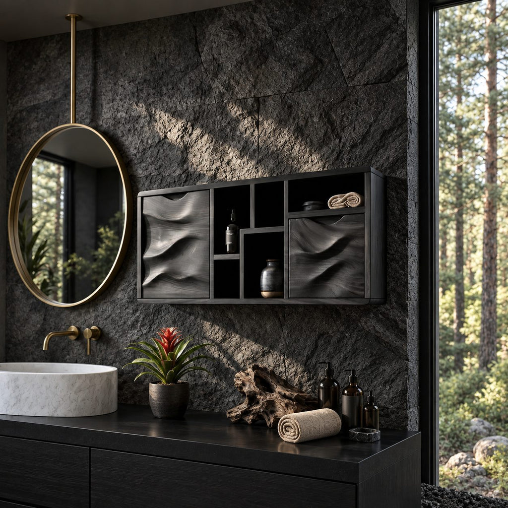 Sculpted Wave Door Bathroom Wall Cabinet with Offset Open Cubbies, Solid Wood Storage 40-71 Inch