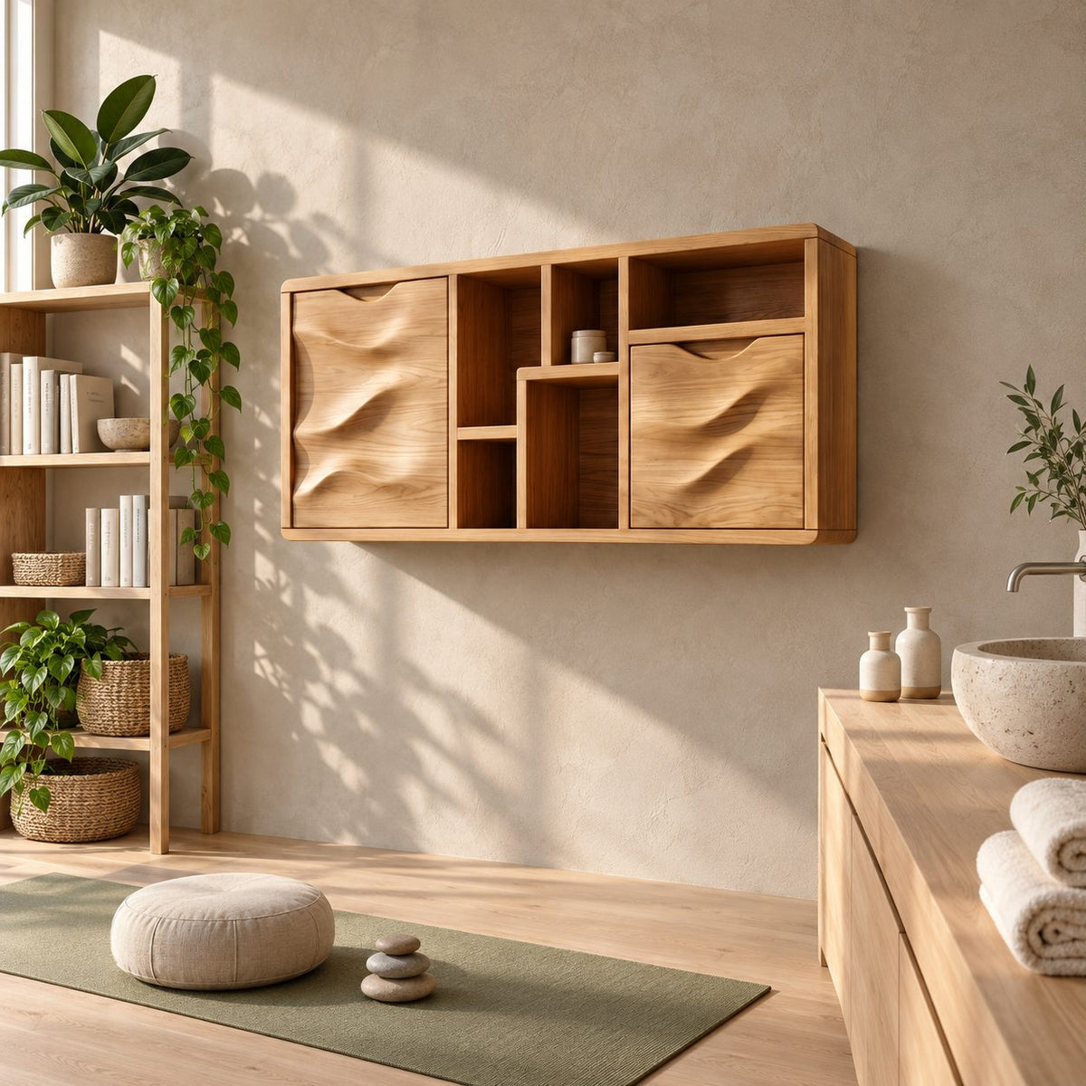 Sculpted Wave Door Bathroom Wall Cabinet with Offset Open Cubbies, Solid Wood Storage 40-71 Inch