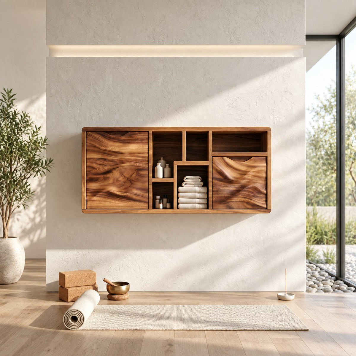 Sculpted Wave Door Bathroom Wall Cabinet with Offset Open Cubbies, Solid Wood Storage 40-71 Inch
