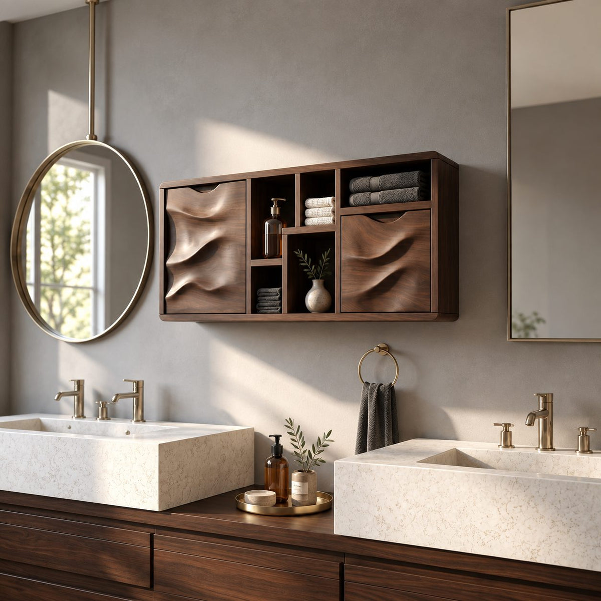 Sculpted Wave Door Bathroom Wall Cabinet with Offset Open Cubbies, Solid Wood Storage 40-71 Inch