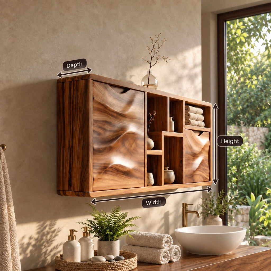 Sculpted Wave Door Bathroom Wall Cabinet with Offset Open Cubbies, Solid Wood Storage 40-71 Inch