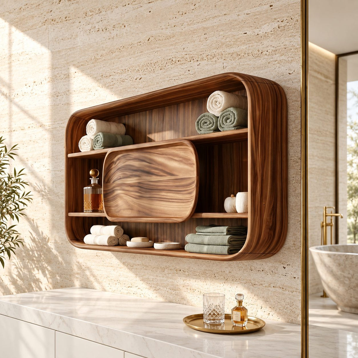 Rounded Frame Bathroom Wall Cabinet with Center Wood Panel and Open Shelves, Solid Wood 40-71 Inch