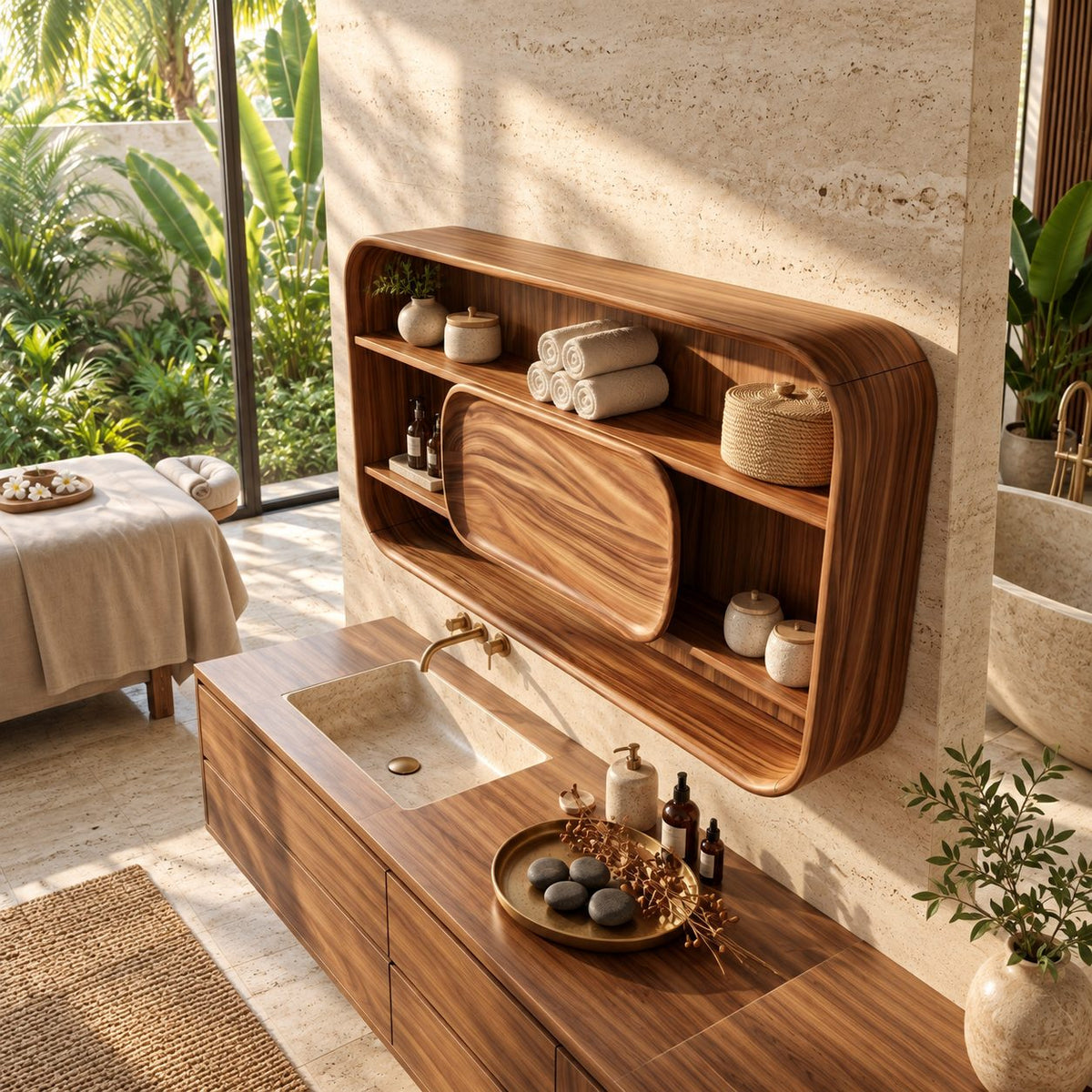 Rounded Frame Bathroom Wall Cabinet with Center Wood Panel and Open Shelves, Solid Wood 40-71 Inch