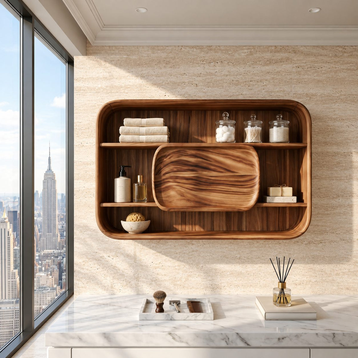 Rounded Frame Bathroom Wall Cabinet with Center Wood Panel and Open Shelves, Solid Wood 40-71 Inch