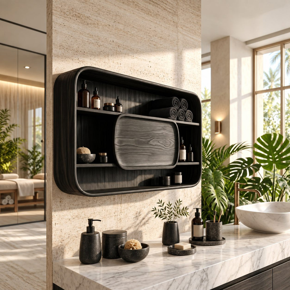 Rounded Frame Bathroom Wall Cabinet with Center Wood Panel and Open Shelves, Solid Wood 40-71 Inch
