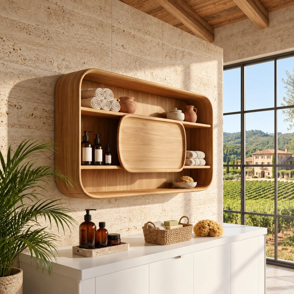 Rounded Frame Bathroom Wall Cabinet with Center Wood Panel and Open Shelves, Solid Wood 40-71 Inch