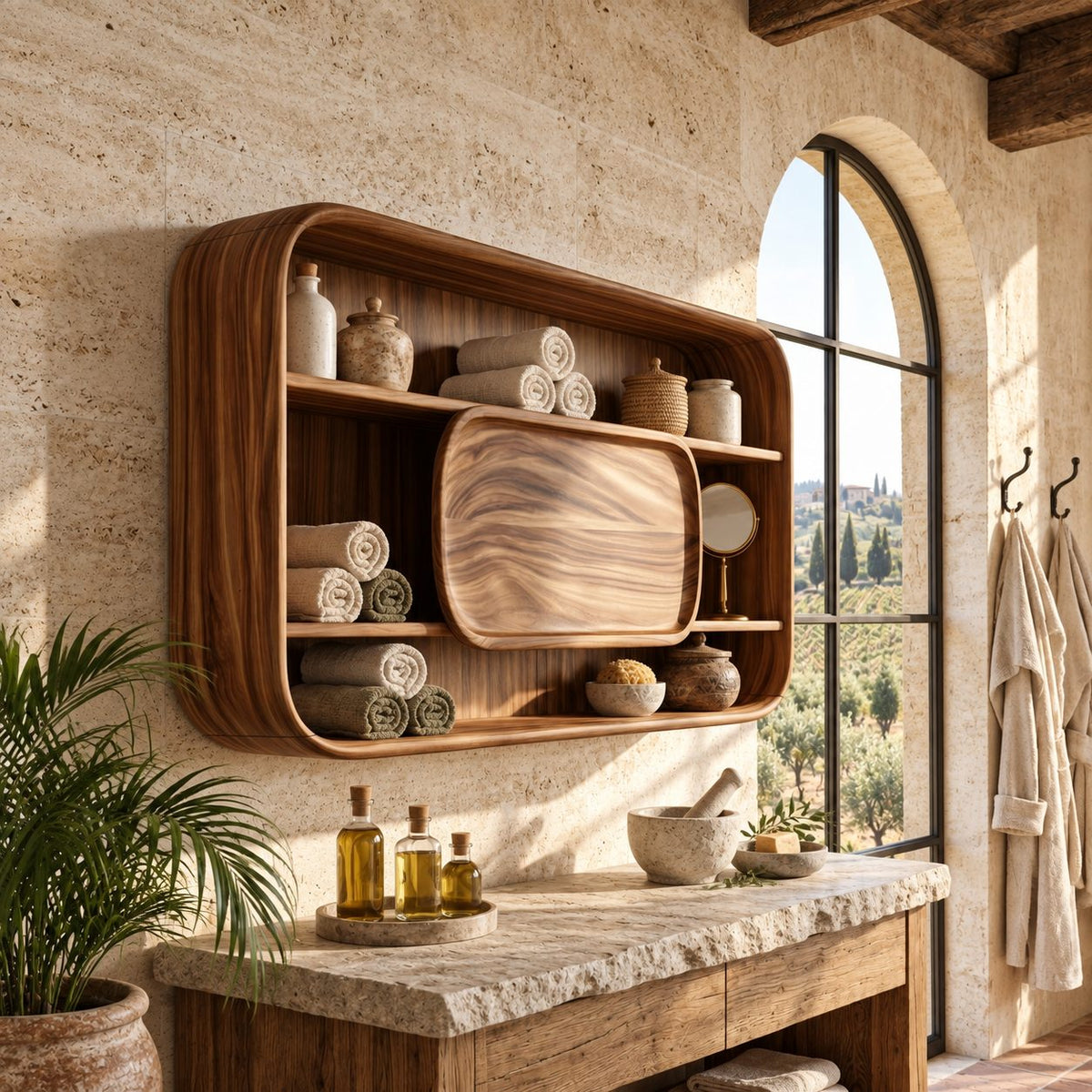 Rounded Frame Bathroom Wall Cabinet with Center Wood Panel and Open Shelves, Solid Wood 40-71 Inch