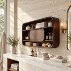 Rounded Frame Bathroom Wall Cabinet with Center Wood Panel and Open Shelves, Solid Wood 40-71 Inch