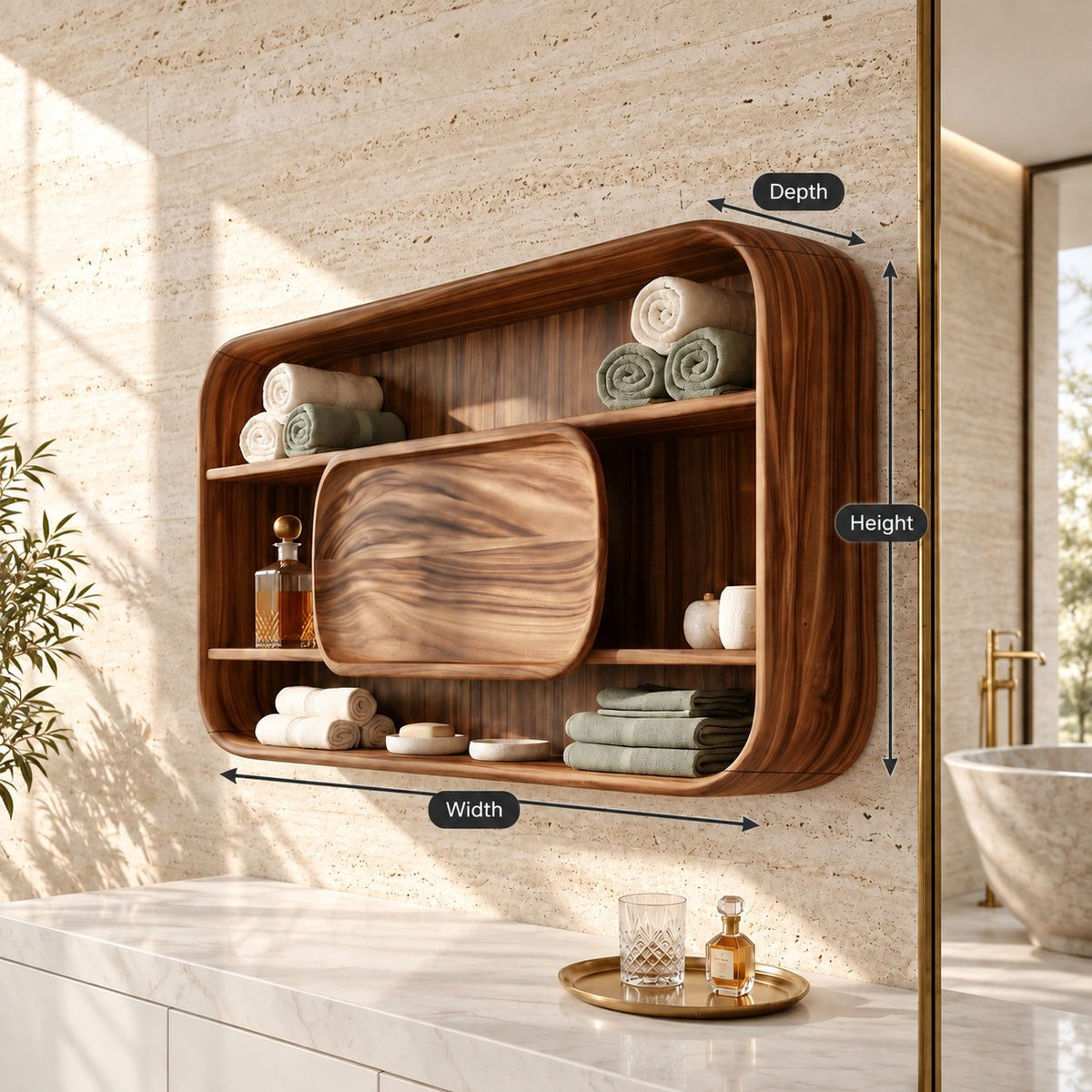 Rounded Frame Bathroom Wall Cabinet with Center Wood Panel and Open Shelves, Solid Wood 40-71 Inch
