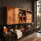Rippled Hem Door Bathroom Wall Cabinet with Center Cubbies, Solid Wood Storage 40-71 Inch