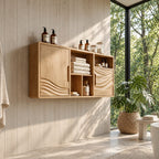 Rippled Hem Door Bathroom Wall Cabinet with Center Cubbies, Solid Wood Storage 40-71 Inch