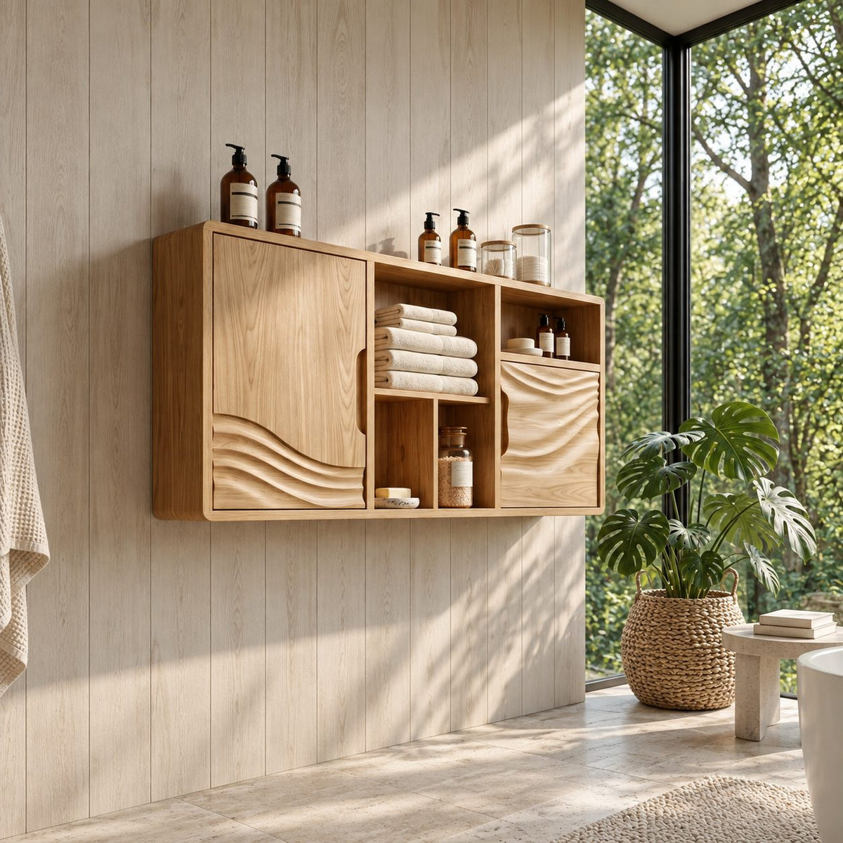 Rippled Hem Door Bathroom Wall Cabinet with Center Cubbies, Solid Wood Storage 40-71 Inch