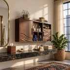 Rippled Hem Door Bathroom Wall Cabinet with Center Cubbies, Solid Wood Storage 40-71 Inch
