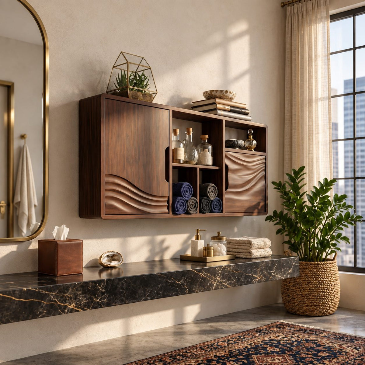 Rippled Hem Door Bathroom Wall Cabinet with Center Cubbies, Solid Wood Storage 40-71 Inch