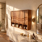 Flowing Wave Four Door Bathroom Wall Cabinet with Open Cubbies Below, Solid Wood 47-71 Inch