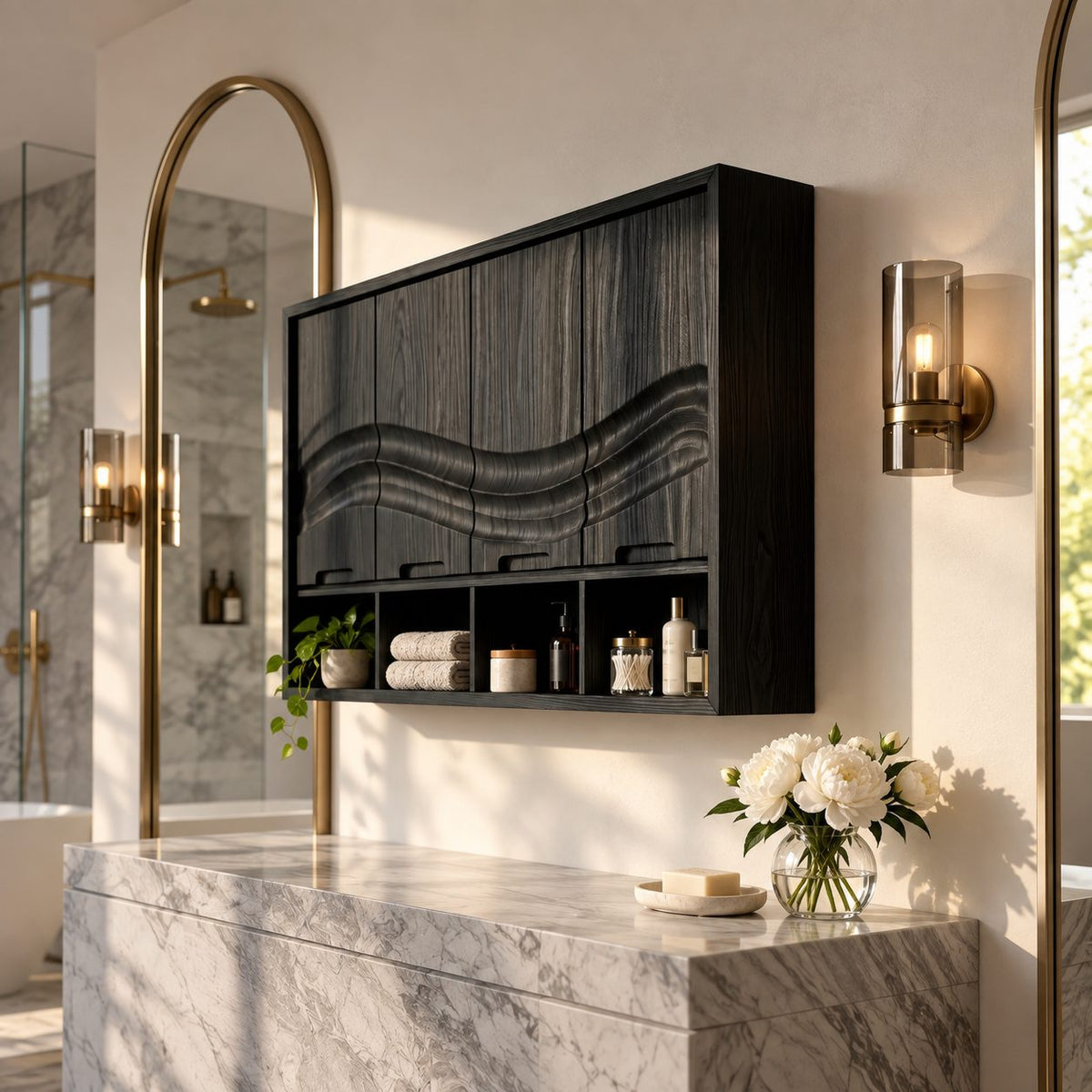 Flowing Wave Four Door Bathroom Wall Cabinet with Open Cubbies Below, Solid Wood 47-71 Inch