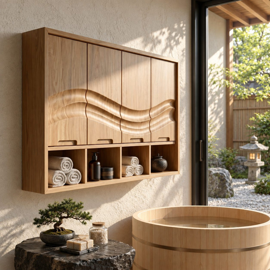 Flowing Wave Four Door Bathroom Wall Cabinet with Open Cubbies Below, Solid Wood 47-71 Inch