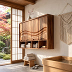 Flowing Wave Four Door Bathroom Wall Cabinet with Open Cubbies Below, Solid Wood 47-71 Inch