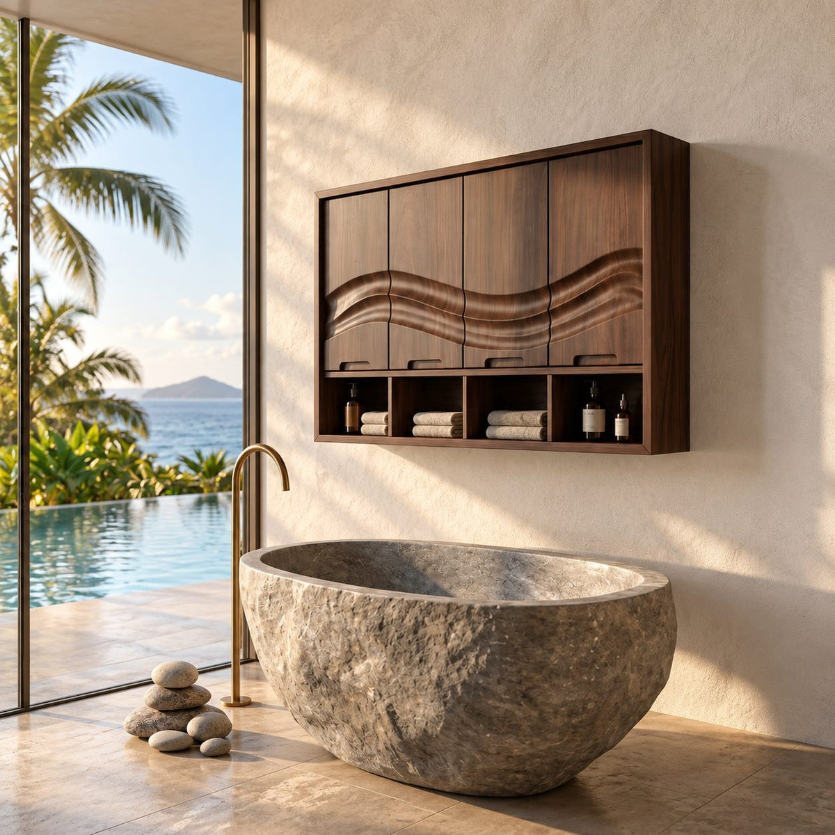 Flowing Wave Four Door Bathroom Wall Cabinet with Open Cubbies Below, Solid Wood 47-71 Inch