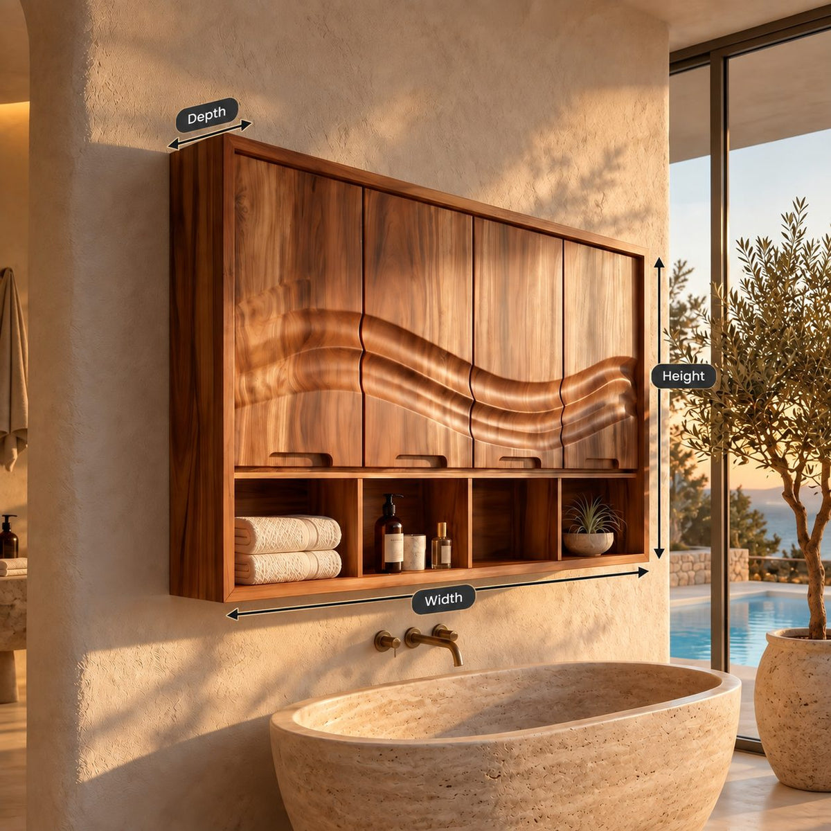 Flowing Wave Four Door Bathroom Wall Cabinet with Open Cubbies Below, Solid Wood 47-71 Inch