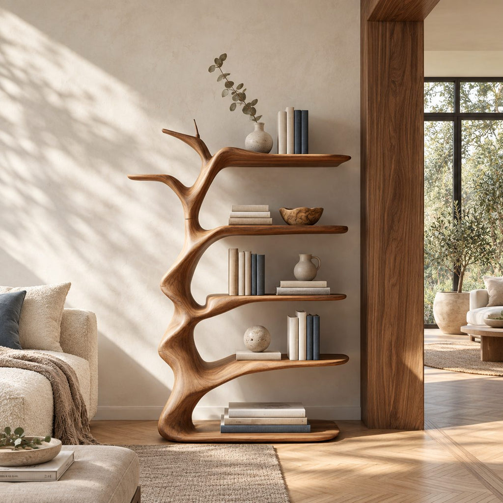 Branching Tree Bookshelf with Antler Like Limbs, Narrow Sculptural Solid Wood Bookcase for Living Room