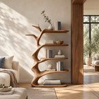 Branching Tree Bookshelf with Antler Like Limbs, Narrow Sculptural Solid Wood Bookcase for Living Room