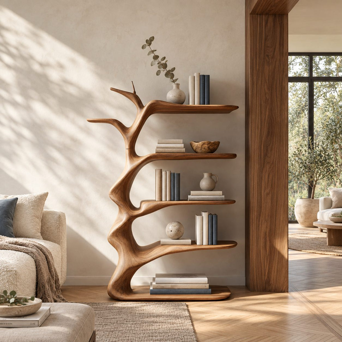 Branching Tree Bookshelf with Antler Like Limbs, Narrow Sculptural Solid Wood Bookcase for Living Room
