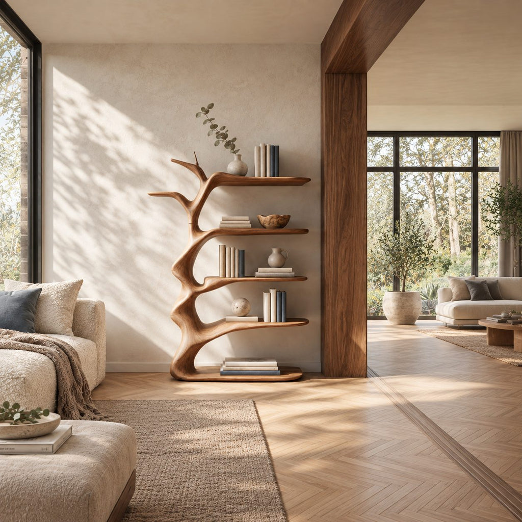 Branching Tree Bookshelf with Antler Like Limbs, Narrow Sculptural Solid Wood Bookcase for Living Room